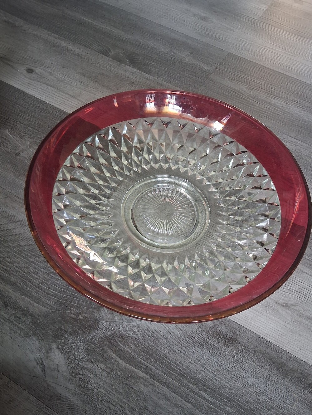 Vintage Decorative  Clear Glass Serving Bowl WithPink Rim ,footed Base